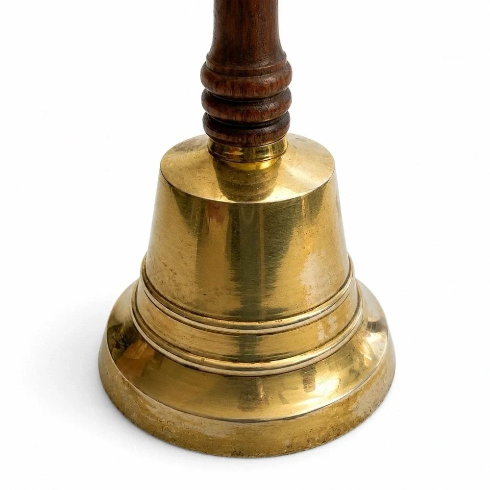Vintage‎ Heavy Solid Brass Hand Bell Wood Handle Loud Farmhouse Dinner Bell